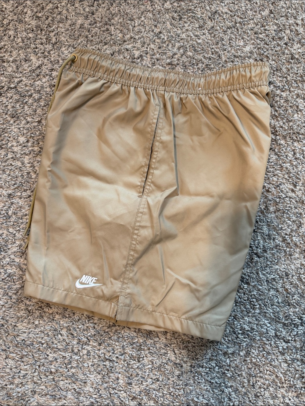 Nike Men's Khaki Athletic Shorts with White Logo
